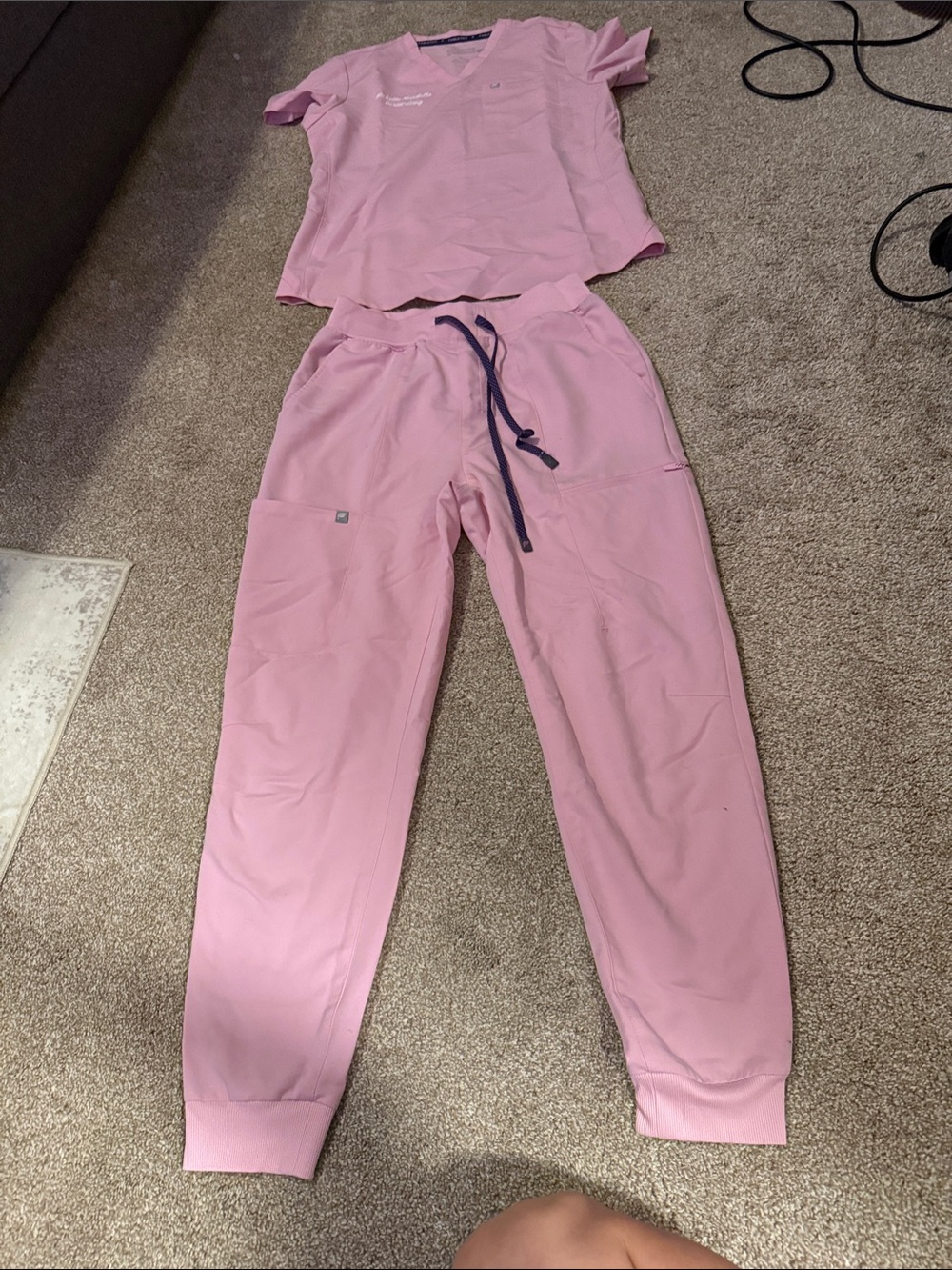 Fabletics Pink Jogger Scrub Pants with Navy Drawstring